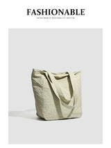 Brown Stylish Lightweight Seersucker Gingham Tote Bag - Spacious Multi-Pocket Shoulder Bag with Zipper - Close-Up Angle