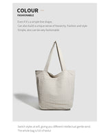 Beige Stylish Lightweight Seersucker Gingham Tote Bag - Spacious Multi-Pocket Shoulder Bag with Zipper - Front View