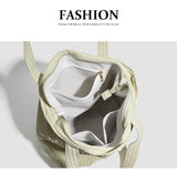 Beige Stylish Lightweight Seersucker Gingham Tote Bag - Spacious Multi-Pocket Shoulder Bag with Zipper
