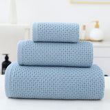 Blue Premium 3-Piece Waffle Weave Cotton Towel Set - Lightweight, Quick-Dry & Absorbent - Bath, Hand, Face Cloth