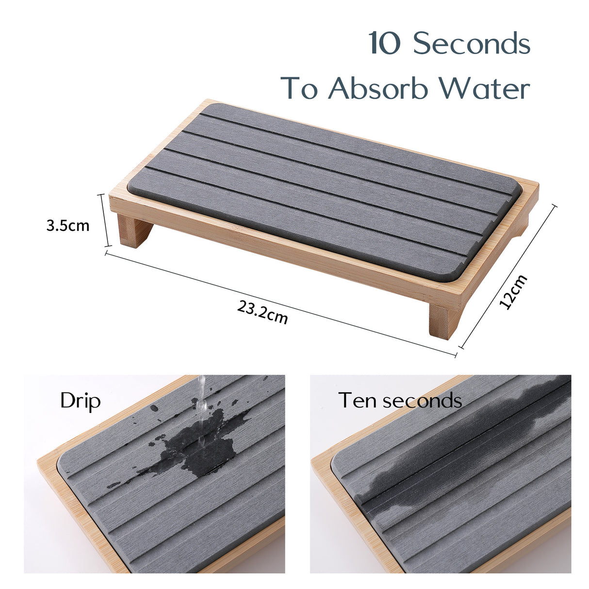 Dark Grey Natural Diatomaceous Earth Absorbent Drying Tray with Bamboo Base - Quick-Dry Stone Mat for Kitchen & Bathroom Sink