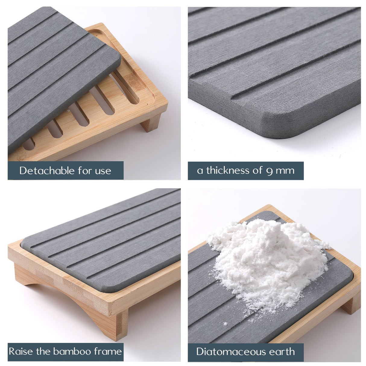 Dark Grey Natural Diatomaceous Earth Absorbent Drying Tray with Bamboo Base - Quick-Dry Stone Mat for Kitchen & Bathroom Sink