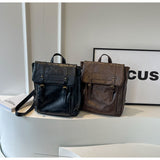 Black Vintage Style PU Leather Backpack - Large Capacity Women's Rucksack for University, Commute & Travel - Front View