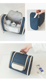 Dark Blue Large Capacity Hanging Travel Toiletry Bag - Portable Waterproof Organizer for Cosmetics, Makeup & Toiletries with Multiple Compartments - Close-Up Angle