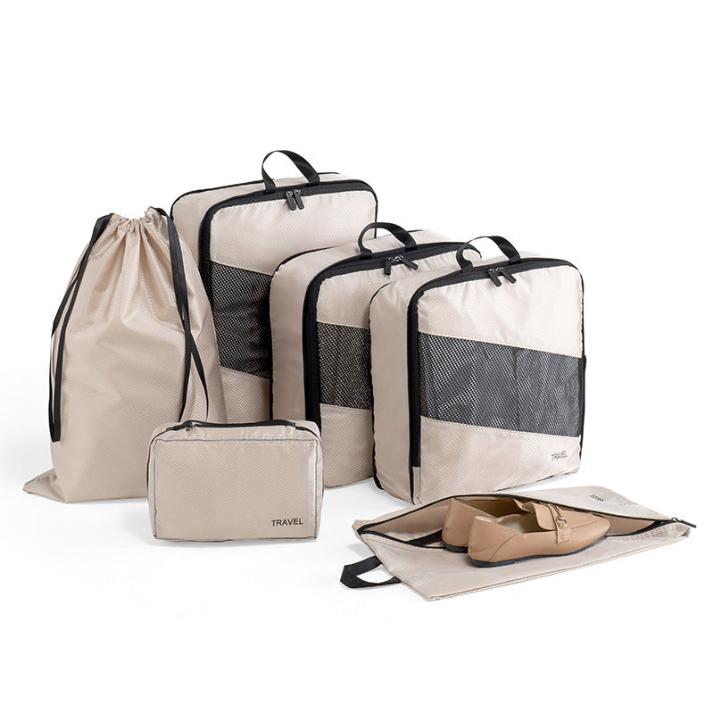 Beige and Black Premium 6-Piece Compression Packing Cubes Set - Lightweight Polyester Travel Organizers for Luggage, Includes Shoe Bag & Toiletry