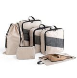 Beige and Black Premium 6-Piece Compression Packing Cubes Set - Lightweight Polyester Travel Organizers for Luggage, Includes Shoe Bag & Toiletry