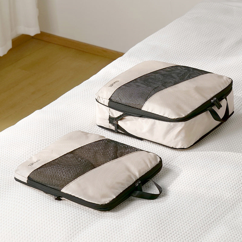 Beige and Black Premium 6-Piece Compression Packing Cubes Set - Lightweight Polyester Travel Organizers for Luggage, Includes Shoe Bag & Toiletry