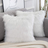 White Luxurious Long Faux Fur Cushion Covers - Set of 2, 45x45cm Soft Plush Decorative Pillowcases for Sofa & Bed