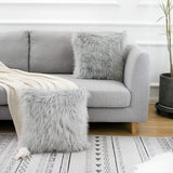 Grey Luxurious Long Faux Fur Cushion Covers - Set of 2, 45x45cm Soft Plush Decorative Pillowcases for Sofa & Bed - Front View
