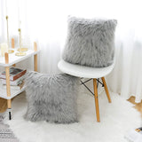 Grey Luxurious Long Faux Fur Cushion Covers - Set of 2, 45x45cm Soft Plush Decorative Pillowcases for Sofa & Bed - Top-Down View