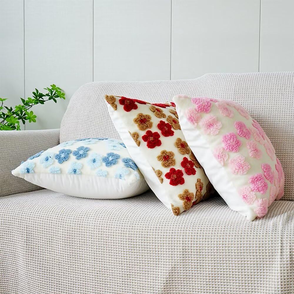 Pink Charming 3D Floral Plush Cushion Covers - Set of 4, 45x45cm Soft Faux Lambswool Pillowcases for Sofa & Bed Decor
