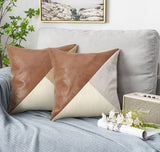 Khaki and Gray Modern Geometric Faux Leather & Cotton-Linen Cushion Covers - Set of 2, 45x45cm Decorative Pillowcases for Sofa & Car - Front View