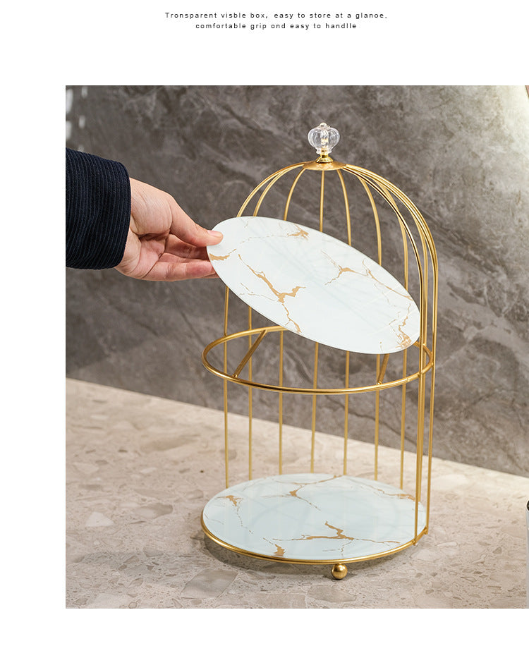 Gold and White Elegant 2-Tier Gold Birdcage Cosmetic Organizer - Wrought Iron Countertop Storage Rack for Skincare, Makeup & Jewelry