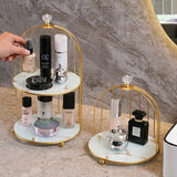 Gold and White Elegant 2-Tier Gold Birdcage Cosmetic Organizer - Wrought Iron Countertop Storage Rack for Skincare, Makeup & Jewelry - Rear View