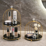 Gold and Black Elegant 2-Tier Gold Birdcage Cosmetic Organizer - Wrought Iron Countertop Storage Rack for Skincare, Makeup & Jewelry - Front View