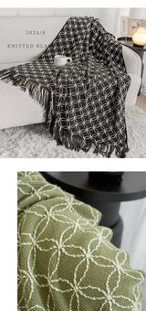 Dark Green Cozy Geometric Knitted Throw Blanket with Tassels - Soft Acrylic Decorative Sofa & Bed Cover, 130x180cm - Top-Down View