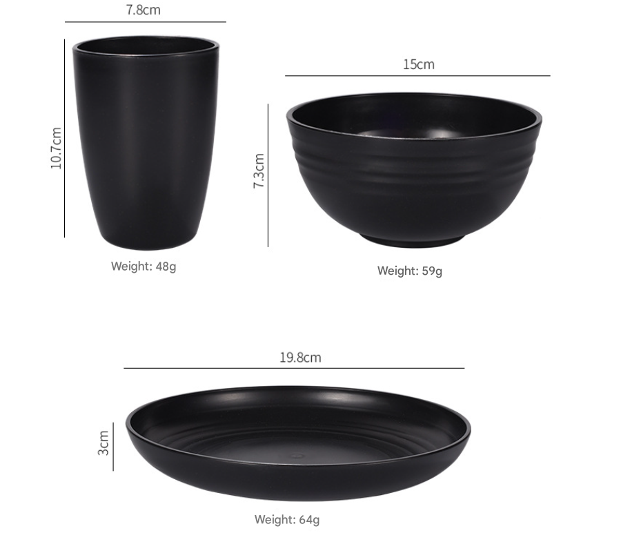 Stylish Black Wheat Straw Dinnerware Set - 24 Pieces Including Plates, Bowls & Cups
