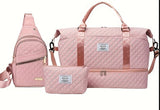 Pink Stylish 3-Piece Quilted Travel Bag Set - Weekender Duffel with Shoe Compartment, Sling Bag & Cosmetic Pouch