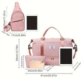 Pink Stylish 3-Piece Quilted Travel Bag Set - Weekender Duffel with Shoe Compartment, Sling Bag & Cosmetic Pouch - Front View