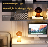 Brown Solid Wood Mushroom LED Table Lamp - Rechargeable Touch Control Bedside Night Light (Large) - Front View