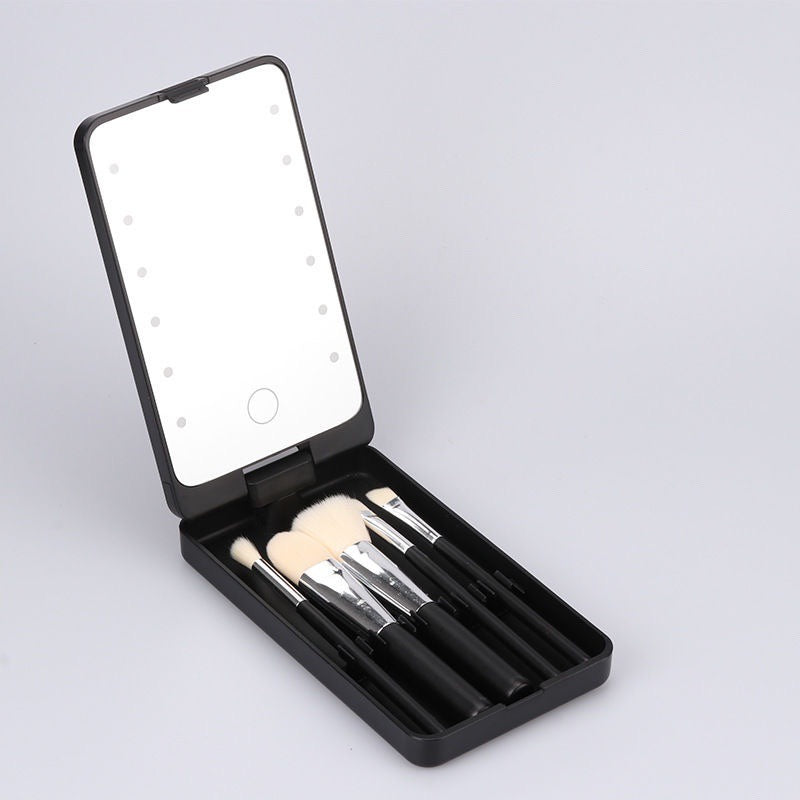 Black LED Lighted Makeup Mirror with 5-Piece Cosmetic Brush Set and Dustproof Storage Case