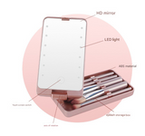 Black LED Lighted Makeup Mirror with 5-Piece Cosmetic Brush Set and Dustproof Storage Case - Front View
