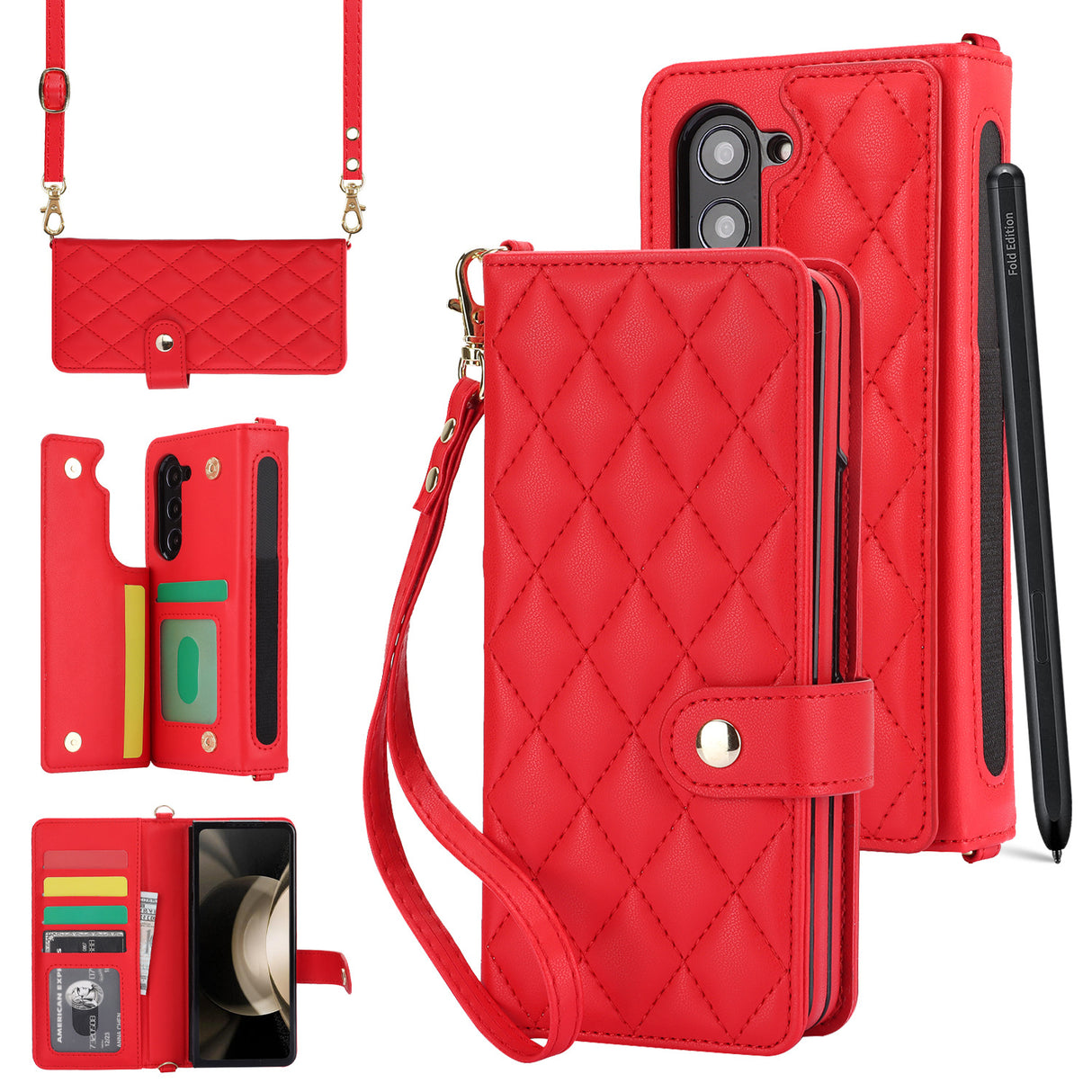Galaxy Z Fold6 Multi-Functional Leather Wallet Case for Samsung Z Fold Series - Crossbody with Pen Slot, Quilted Design Pen Not Included