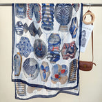 2-Piece Blue Border Retro Lantern Print Scarf - Fashionable Niche Design for Women