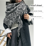 Black-white Luxurious Fringe Wool and Lambswool Scarf for Women - Thick Warm 60 x 170 cm Shawl - Front View