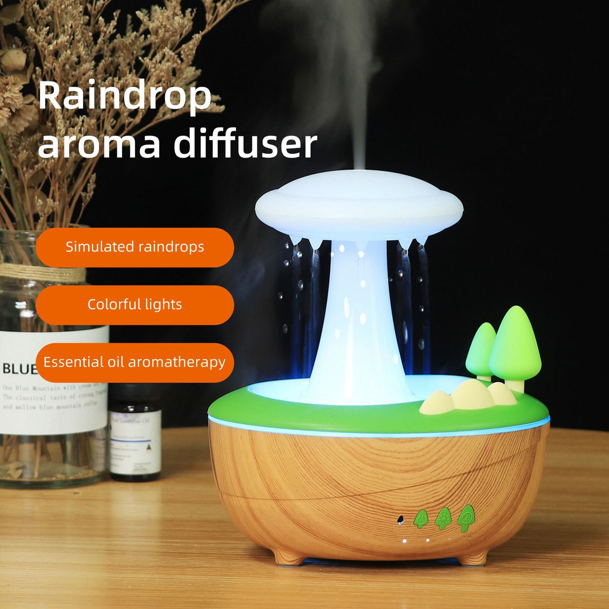 Dark Woodgrain Raindrop Mushroom Aroma Diffuser - 280mL Ultrasonic Humidifier with Colorful Lights