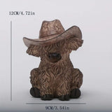 Highland Cow with Cowboy Hat Resin Statue - Rustic Farmhouse Garden Decor