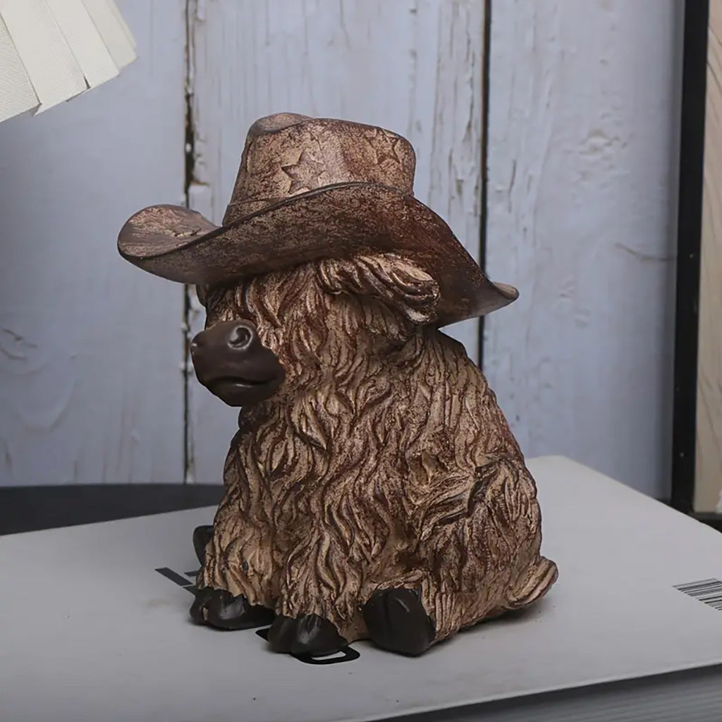 Highland Cow with Cowboy Hat Resin Statue - Rustic Farmhouse Garden Decor