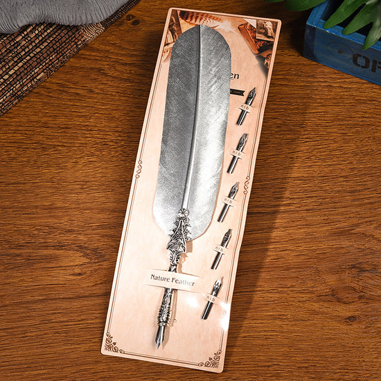 Vulcan Silver European Dip Feather Quill Pen Set - 2-Piece Retro Business Gift Box with 5 Nib Sizes