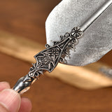 Vulcan Silver European Dip Feather Quill Pen Set - 2-Piece Retro Business Gift Box with 5 Nib Sizes - Front View