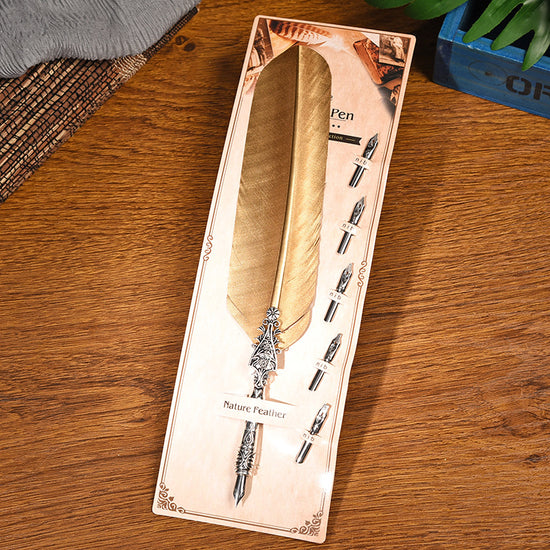 Vulcan Gold European Dip Feather Quill Pen Set - 2-Piece Retro Business Gift Box with 5 Nib Sizes
