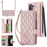 Rose Gold Galaxy Z Fold4 Multi-Functional Leather Wallet Case for Samsung Z Fold Series - Crossbody with Pen Slot, Quilted Design Pen Not Included