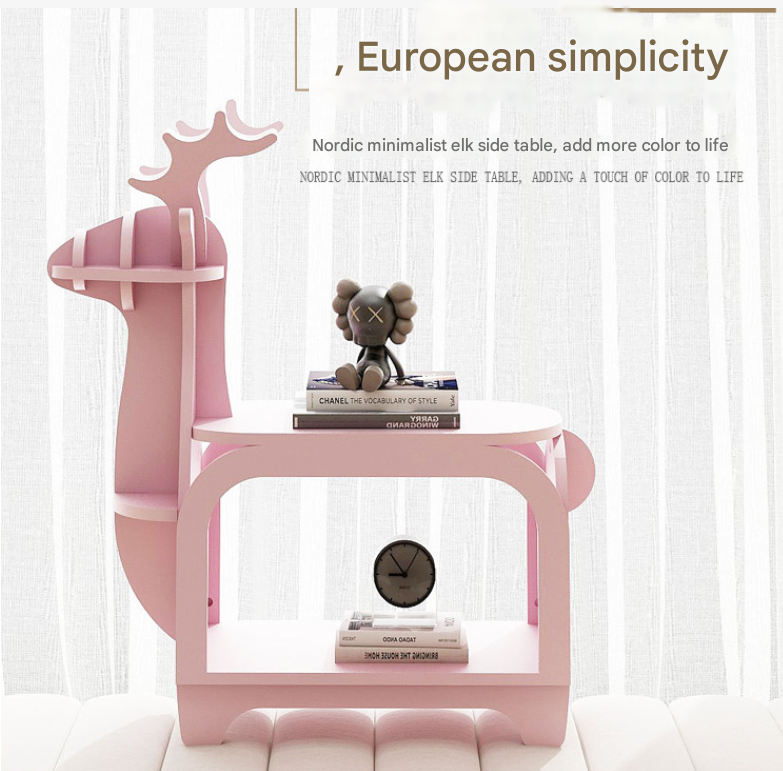 Yellow Oak Grain Trumpet Creative Reindeer-Shaped Solid Wood Bookshelf for Kids