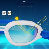 Coated Blue-white-blue Premium Full-View Anti-Fog Adult Swim Goggles with Wide-Frame Design - Side View