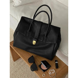 Black Spacious Women's PU Leather Tote Bag with Laptop Compartment - Side View
