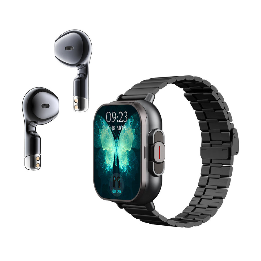 Black Steel 2-in-1 Bluetooth Smartwatch with Integrated Earbuds for Sports