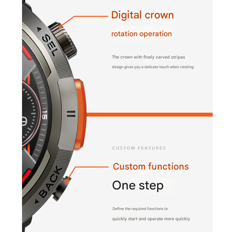 Black-orange Outdoor Smartwatch with 1.45-Inch HD Round Screen and Flashlight