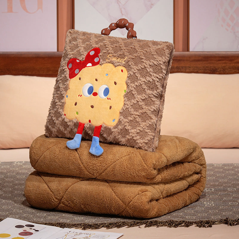 Coffee Thick Fleece Cartoon Cookie Pillow Blanket 2-in-1 for Winter Car and Office Use