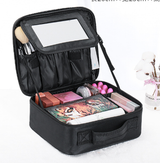 Black Oxford Fabric Makeup Case with Mirror and Partitions - All-in-One Tool Box