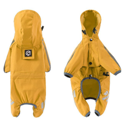 L Bright Yellow And Gray Trim Waterproof Four-Legged Dog Raincoat with Leash Hole for Small Breeds