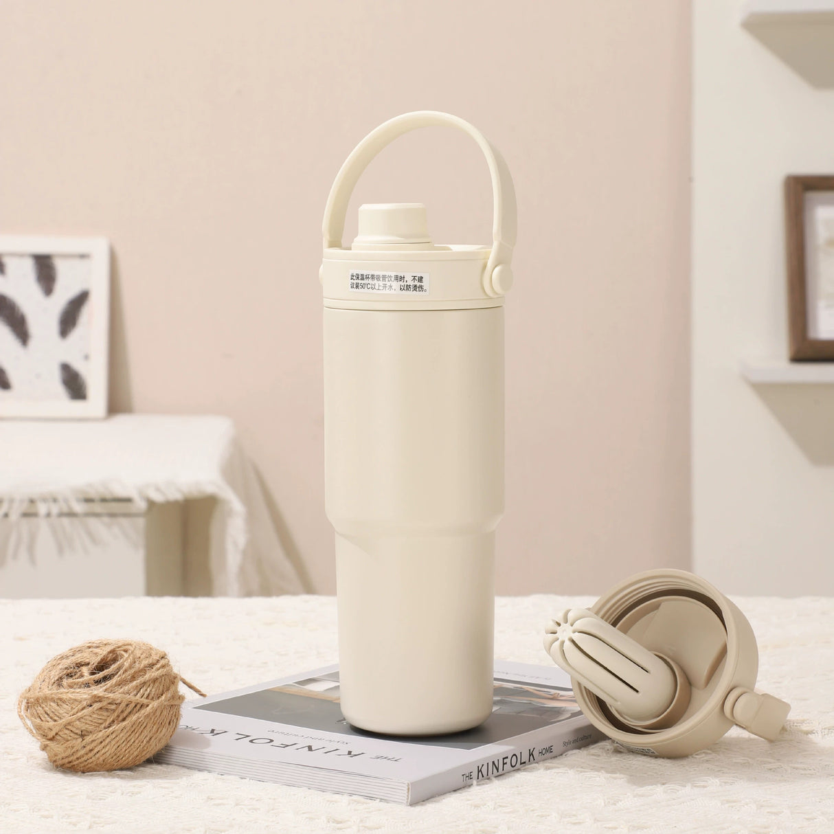 White 30oz Ceramic-Lined Insulated Tumbler with Handle, 735ml Stainless Steel Travel Mug