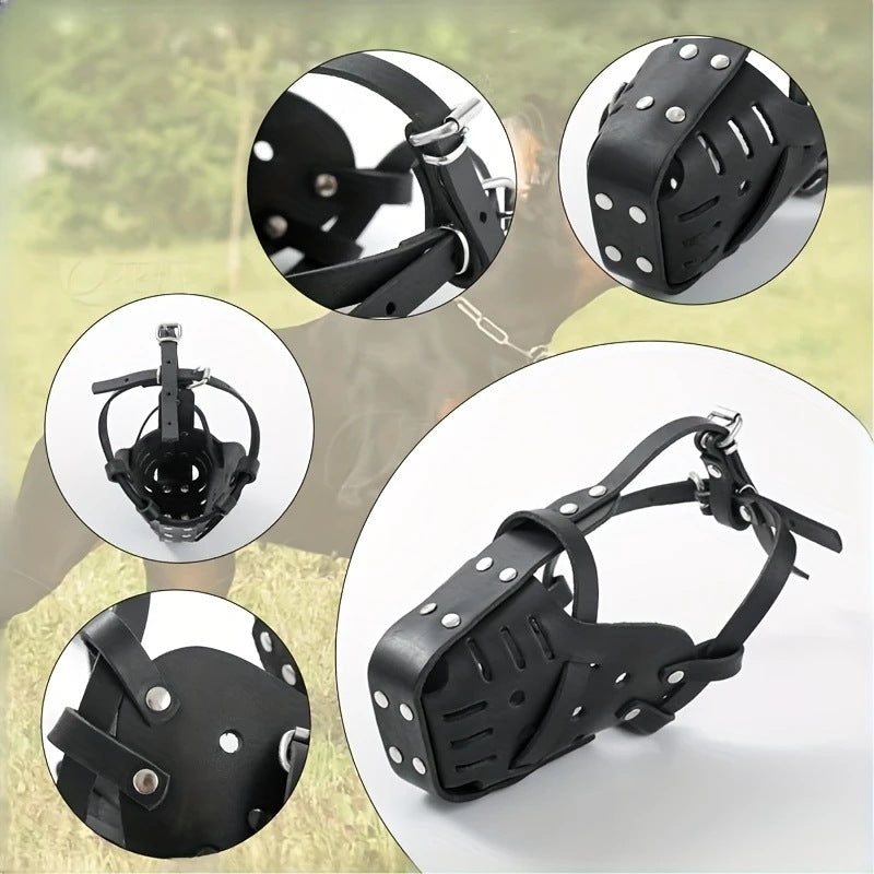M Adjustable Leather Dog Muzzle for Large Breeds, Anti-Bite and Anti-Bark