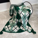 Green Chic Argyle Diamond Knit Throw Blanket with Tassels - Versatile Sofa & Bed Accent - 135 x 125cm - Front View