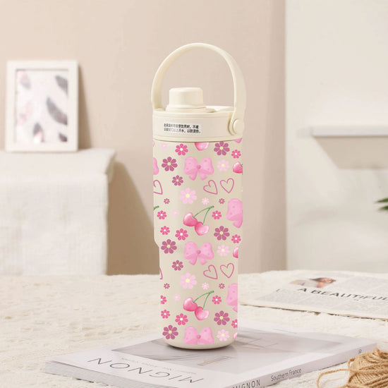 White-Line Cherry Bow 30oz Ceramic-Lined Insulated Tumbler with Handle, 735ml Stainless Steel Travel Mug