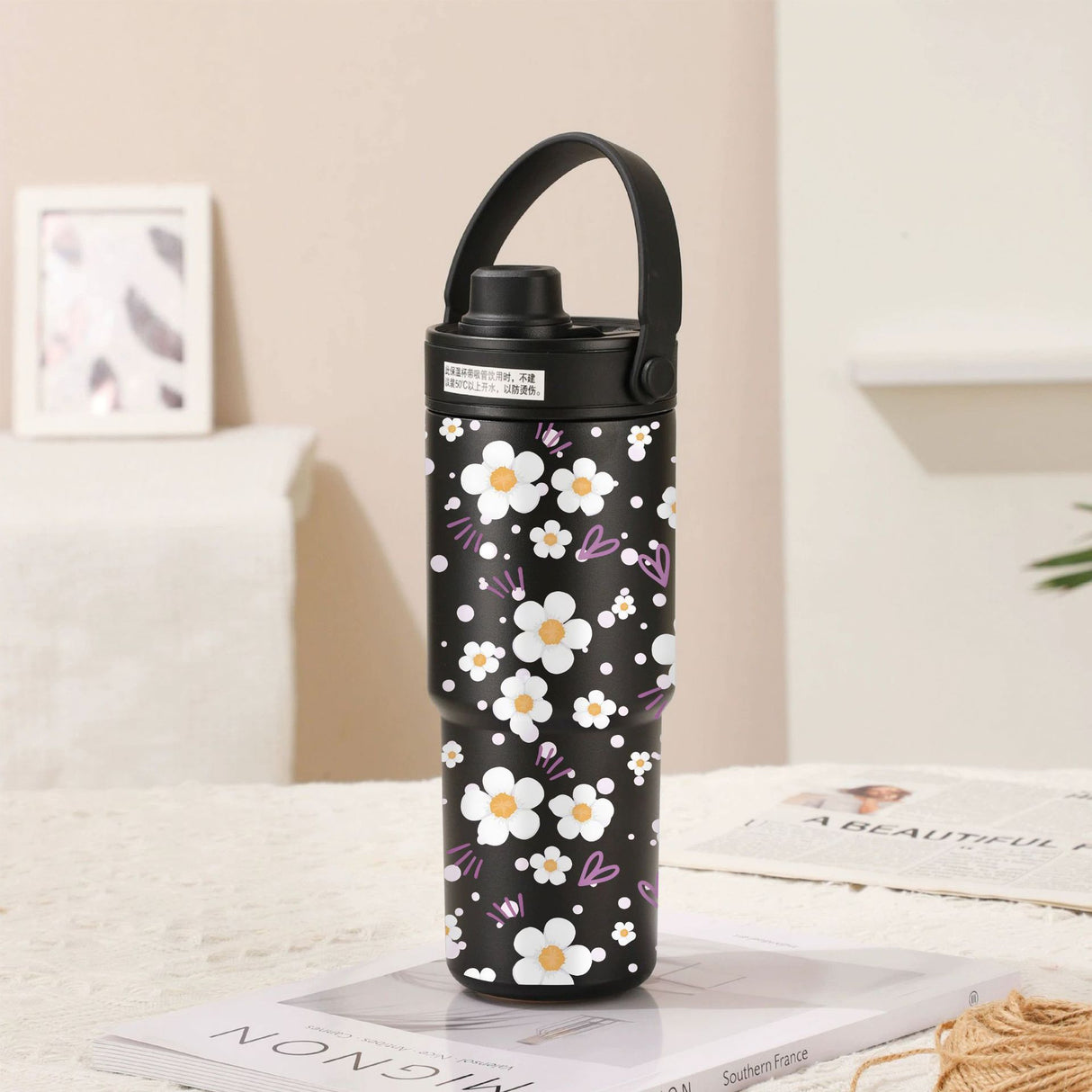 Twilight Black-White Flowers 30oz Ceramic-Lined Insulated Tumbler with Handle, 735ml Stainless Steel Travel Mug