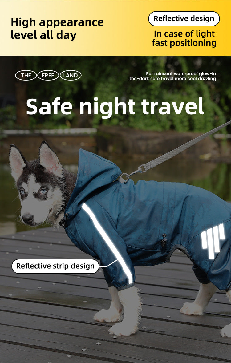M Purple And Gray Trim Waterproof Four-Legged Dog Raincoat with Leash Hole for Small Breeds